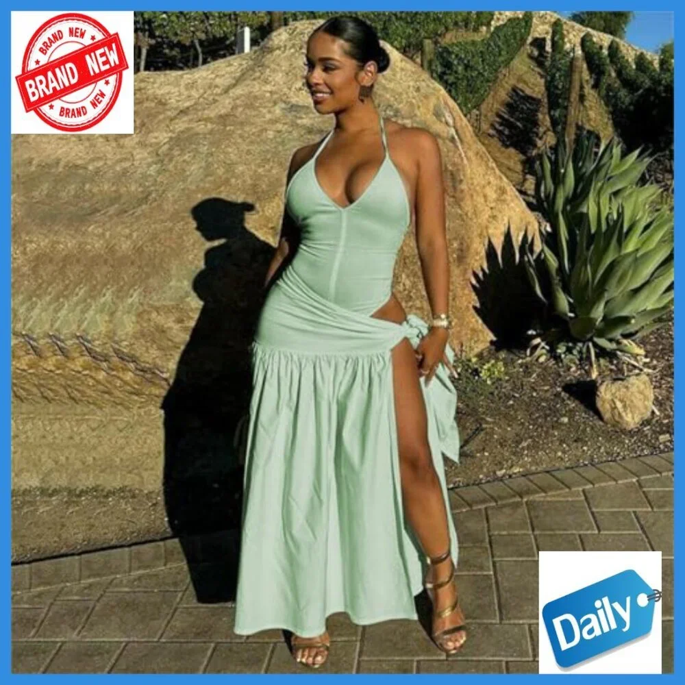 2-Piece Maxi Skirt Set with Bodysuit Top, V-Neck Halter Coverup